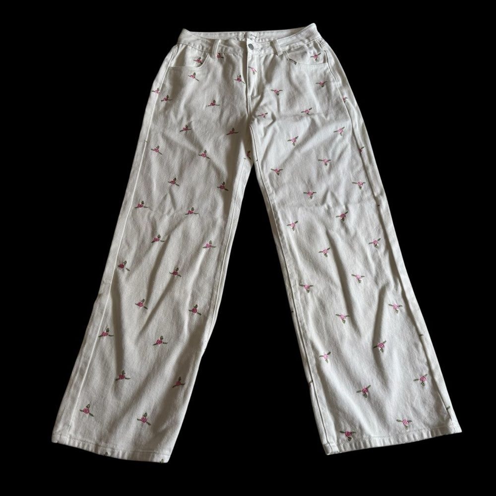 Love & Harmony Off White Pink Floral Embroidered Cotton Jeans Sz M